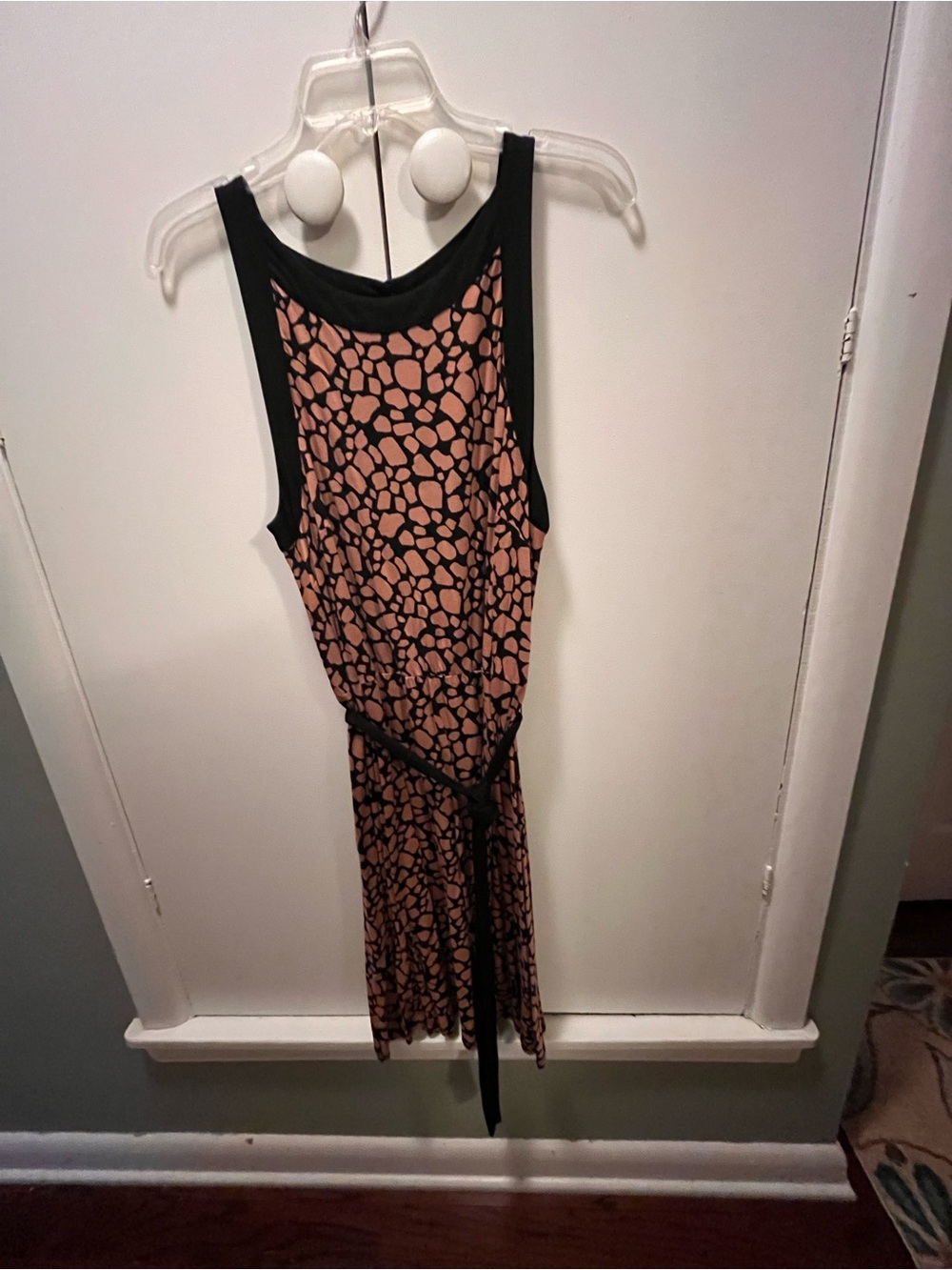 LOFT Black-Trim Tan Pebble Print Sleeveless Dress with Belt